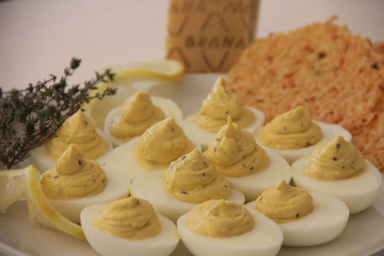 Lemon Thyme Deviled Eggs with Grana Padano Frico