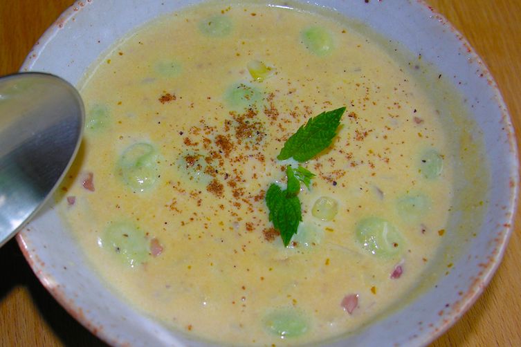 Cream of Succotash Soup, New England style with baby lima beans, pumpkin and corn