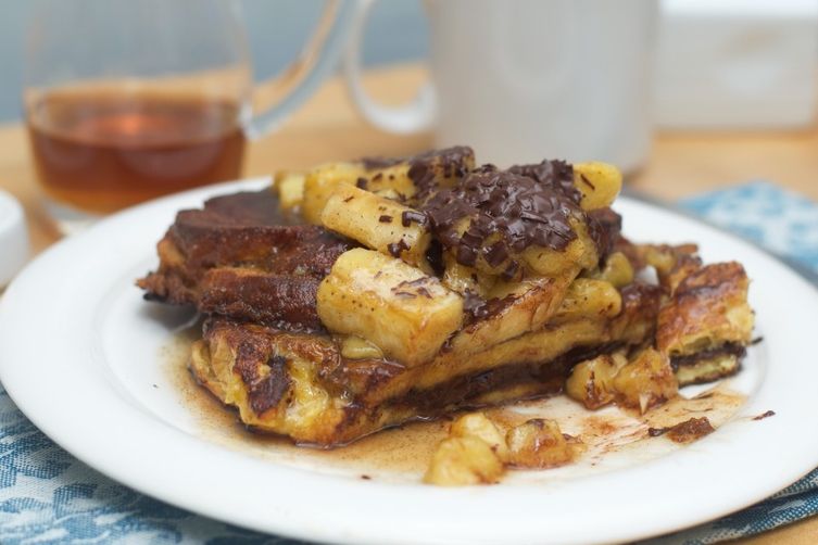 Challah French Toast Stuffed With Dark Chocolate Spread and Caramelized Bananas