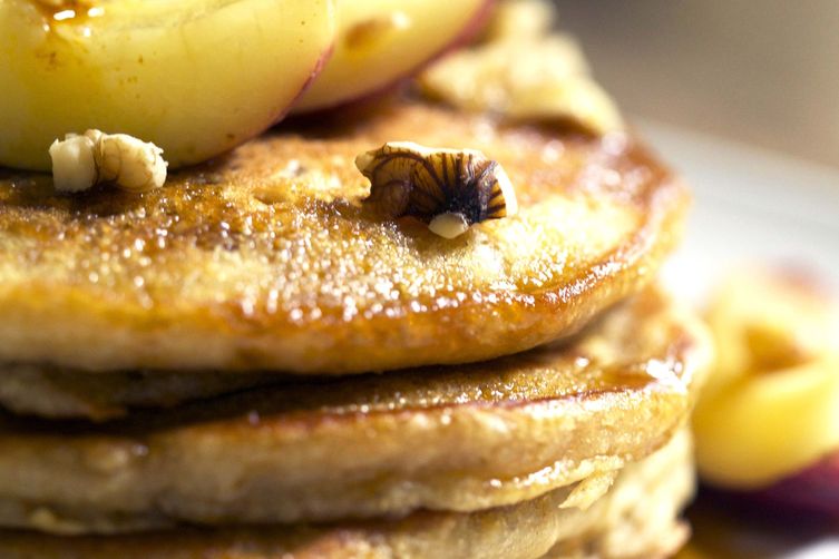 Fluffy Oatmeal Pancakes with Turmeric Spiced Maple and Peaches