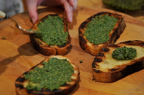 Grilled Bread with Thyme Pesto and Preserved Lemon Cream