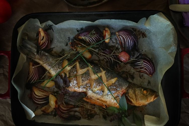 Roasted Seabass with Shallots &amp; Red Onions