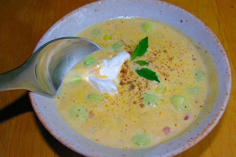 Cream of Succotash Soup, New England style with baby lima beans, pumpkin and corn