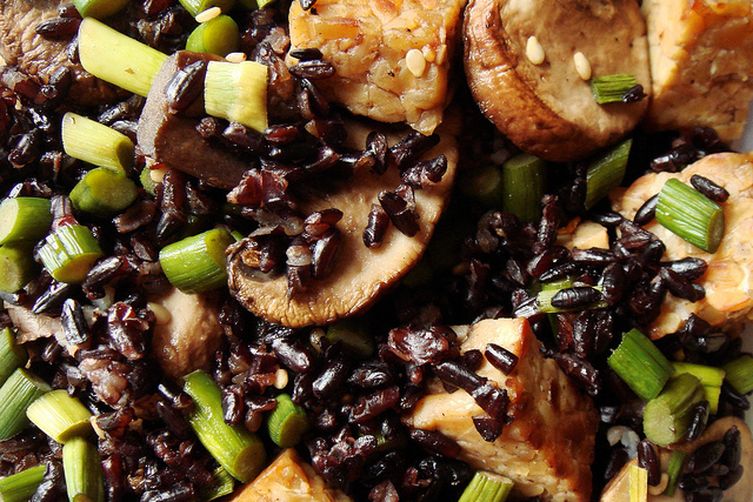 Stir Fried Forbidden Black Rice with Tempeh, Garlic Scapes, Crimini