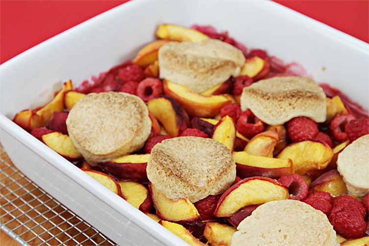 Peach-raspberry cobbler with Cointreau Chantilly