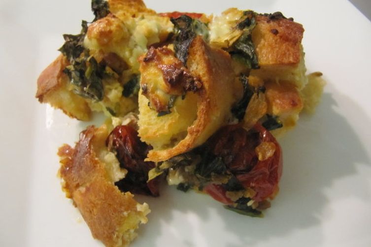 Savory Sausage, Greens and Slow Roasted Tomato Bread Pudding