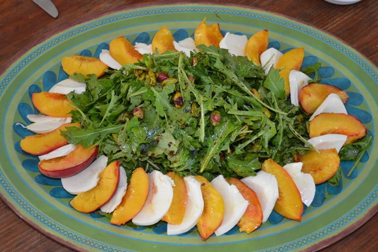 Arugula Salad with Roasted Peaches, Pistachios and Mozzarella