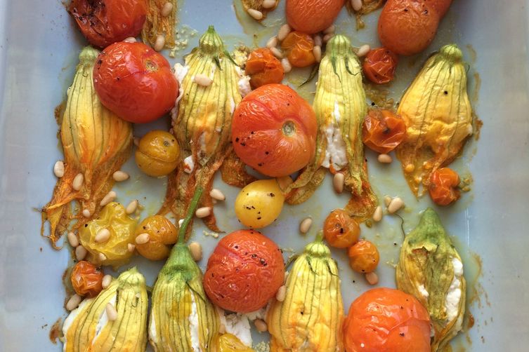 Goat Cheese Stuffed Squash Blossoms and Roasted Tomatoes