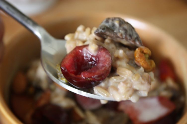 Whole Oat Groats with Cherries, Plums, Pistachios &amp; Homemade Almond Milk