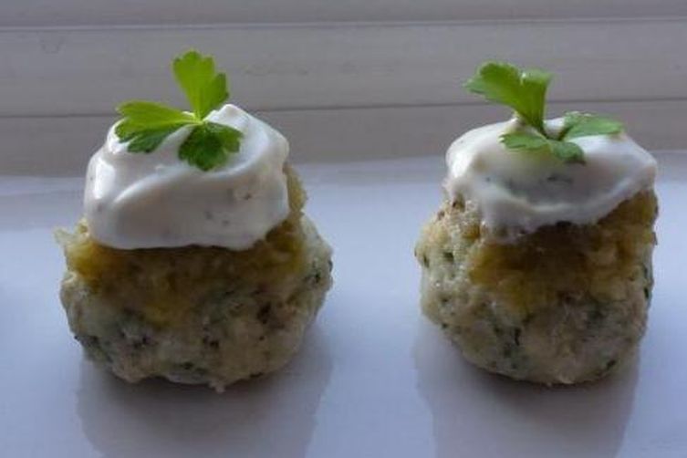 FISH CAKES TOPPED WITH CELERY RELISH &amp; MAYONNAISE