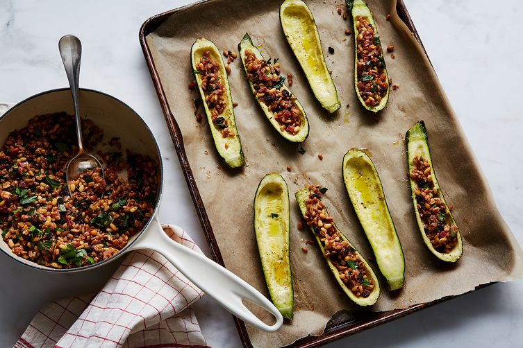 Stuffed Zucchini with Freekeh Pilaf and Currants