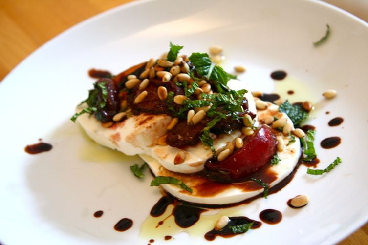 Buffalo Mozzarella with Balsamic Glazed Plums, Pine Nuts and Mint