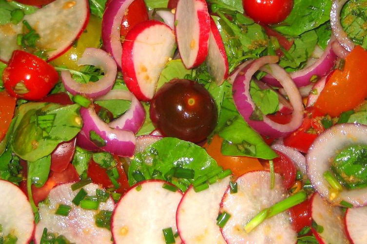 Refreshing Radish, Watercress, Tomato Salad with Lime-Soy-Ginger Dressing