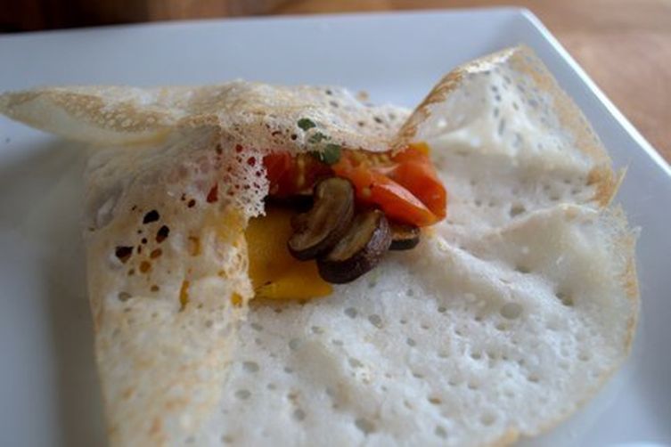 Savory rice crepes with sauteed vegetables