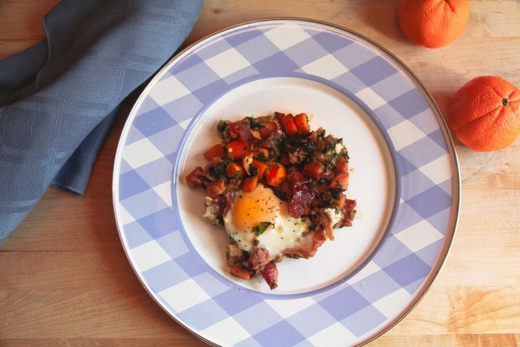 Sweet Potato, Kale, and Country Ham Hash with Maple Red-Eye Gravy