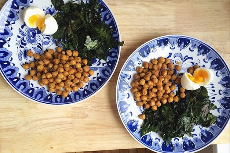 Shallot + Paprika Fried Chickpeas, Spicy Rainbow Chard Chips &amp; Soft-Boiled Eggs