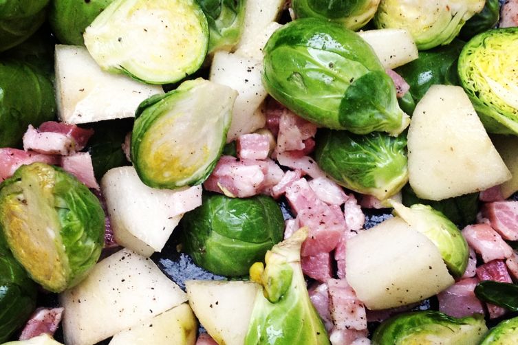 Roasted Brussels Sprouts with Pear, Pancetta, Meyer Lemon, and Chili