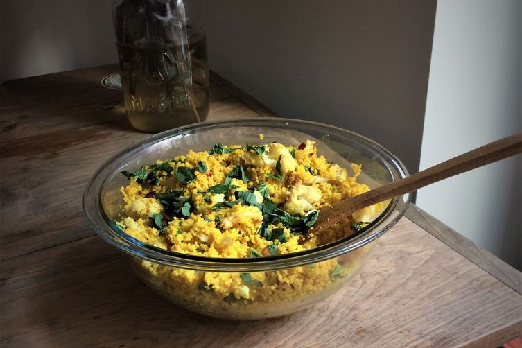 Turmeric Couscous Bowl with Cauliflower, Pomegranate and Mint