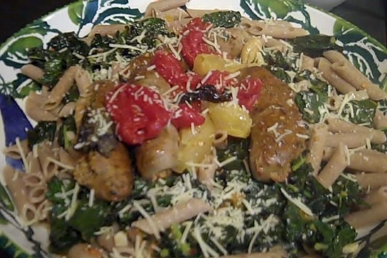 Cilantro Chicken Sausage with Roasted Heirloom tomatoes over Sauteed Kale and Penne