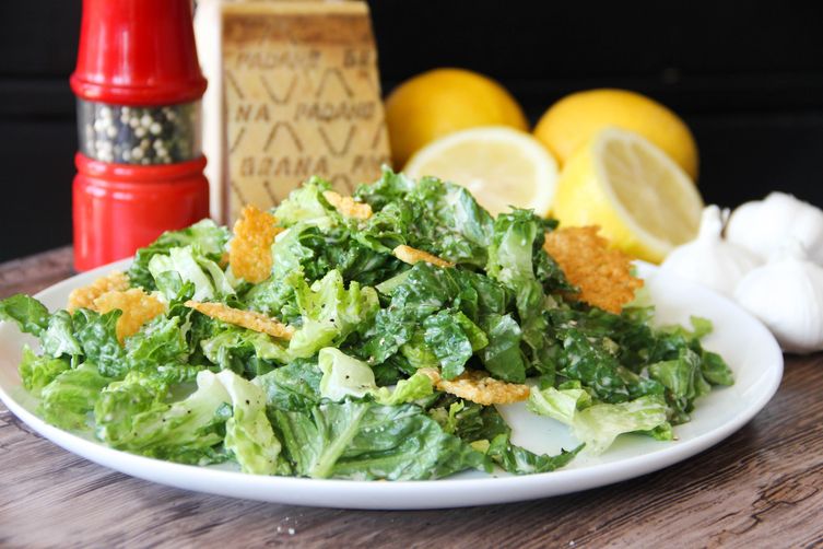 Caesar Salad with Garlicy Grana Padano Dressing and Frico Croutons