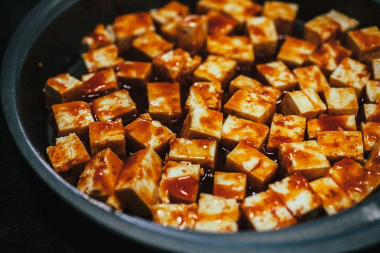 Korean Chili Tofu Salad with Kimchi Chips