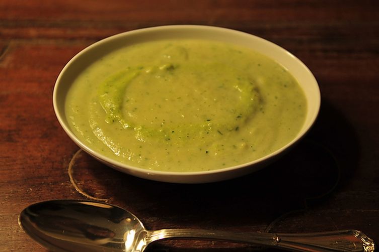 Roasted Cauliflower Soup with Chimichurri and Poblano Creme Fraiche