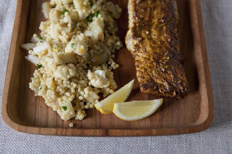 Saffron-scented Vegetable Couscous with North African-spiced Halibut