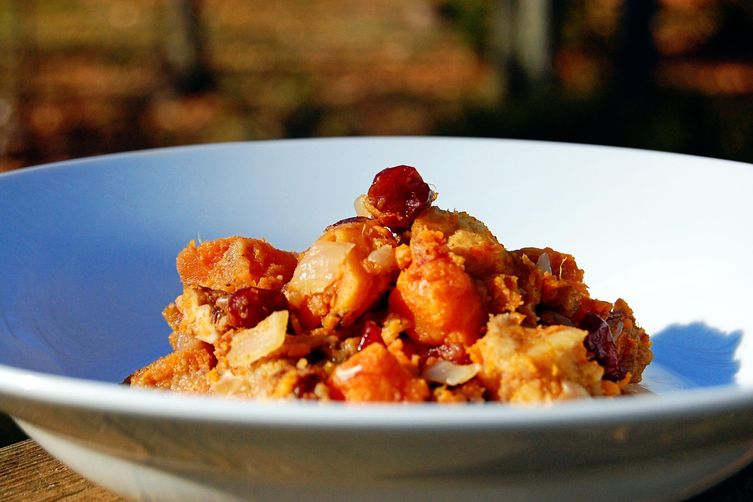 Roasted Sweet Potato Stuffing with Bacon, Pecans and Cranberries