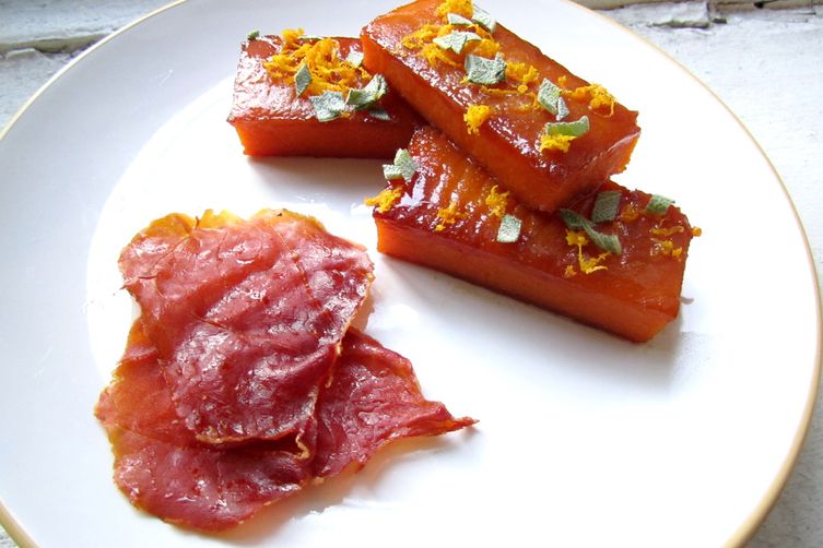 Butternut Bricks with Ginger Maple Bourbon Glaze and Prosciutto Chips