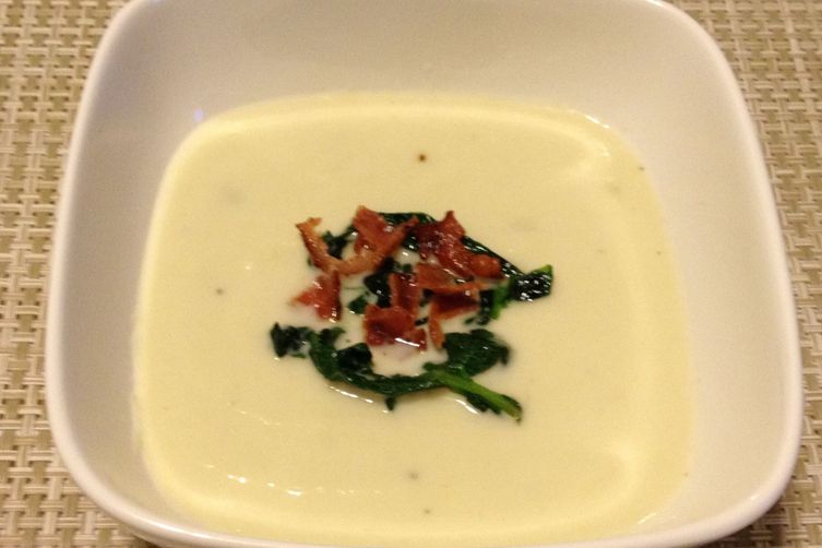 Creamy Spring Turnip Soup With Wilted Radish Greens And Bacon
