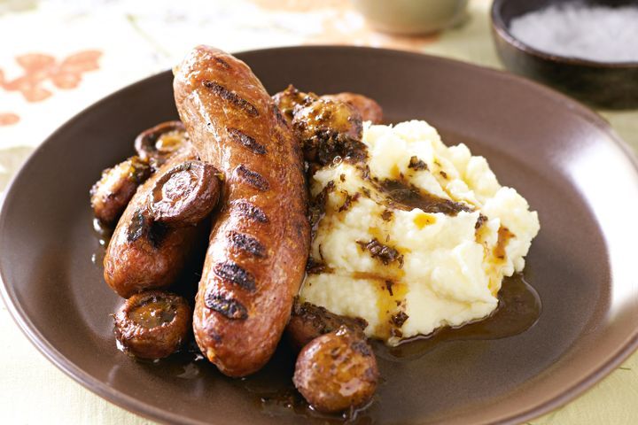 Beef sausages with parsnip and buttermilk mash and red wine mushrooms