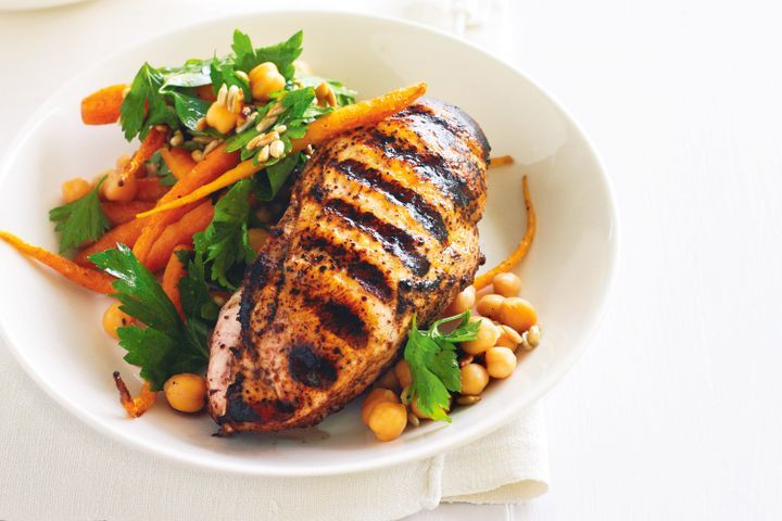 Chargrilled moroccan chicken with roast carrot and chickpea salad