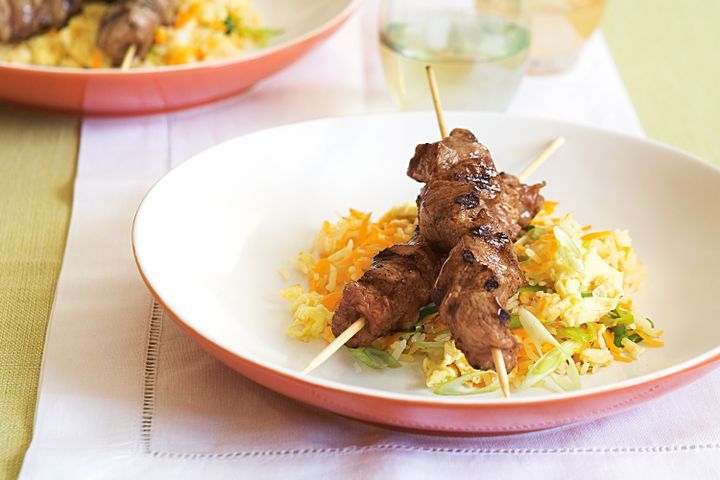 Five spice pork skewers with fried rice
