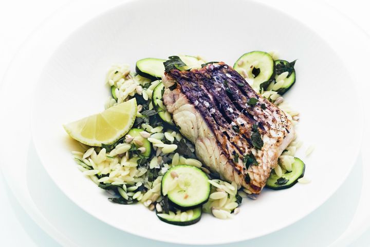 Grilled snapper with zucchini, risoni and parsley