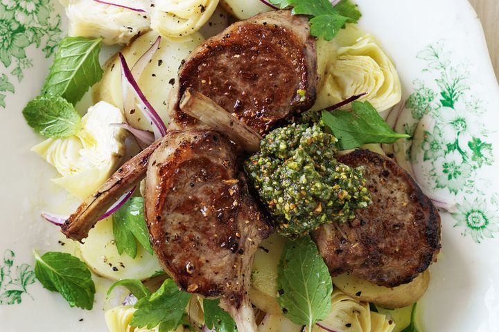 Lamb cutlets with pistachio and mint pesto