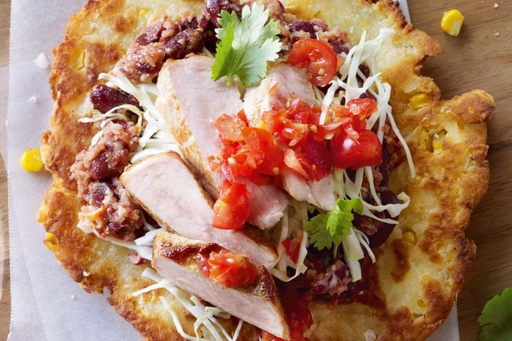 Navajo fry bread with beans and pork