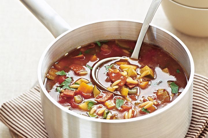 Vegetable, bacon and risoni soup