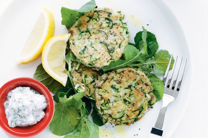 Zucchini and haloumi fritters with dill yoghurt dressing