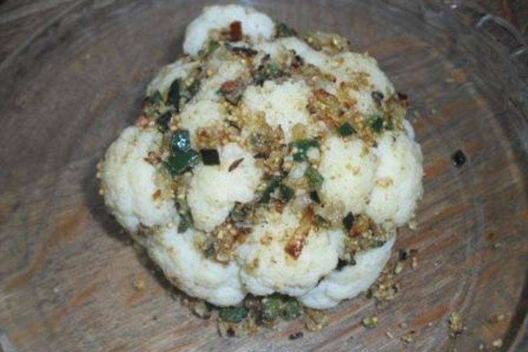 Indian Spiced Roasted Whole Cauliflower with Tomato, Ginger and Coriander