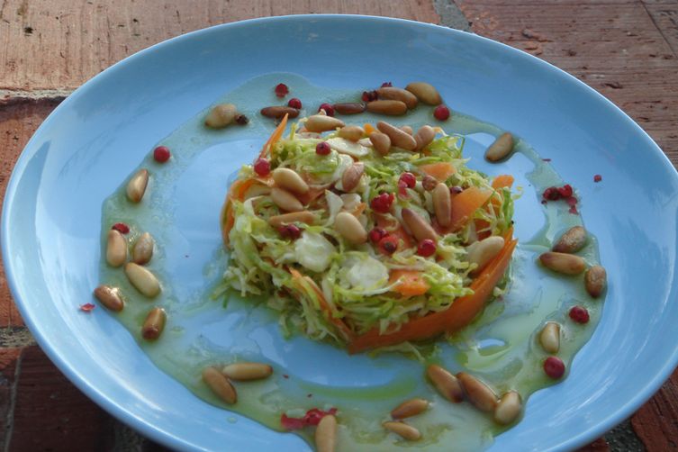 Shredded Raw Brussels Sprouts Salad with Red Peppercorns and Honey Mustard Vinaigrette