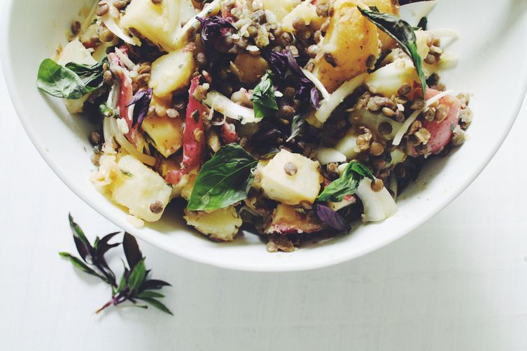 Herby French Potato Salad with Thai Basil and Garlic Scapes