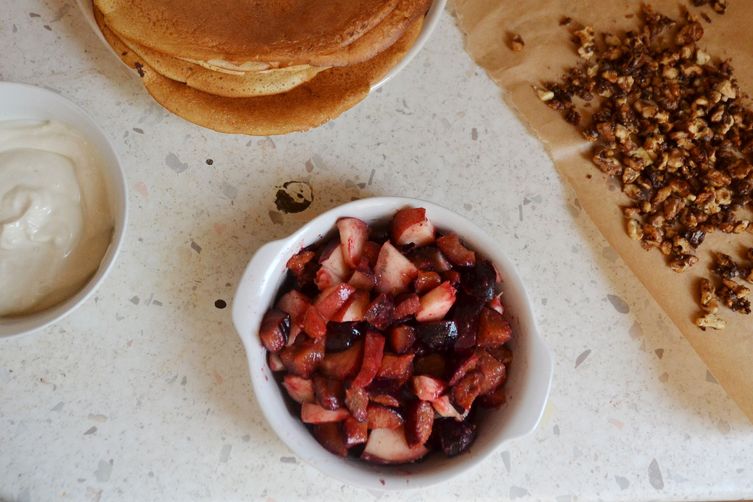 Crepes with plums, white peach ,Greek yogurt and caramelized walnuts