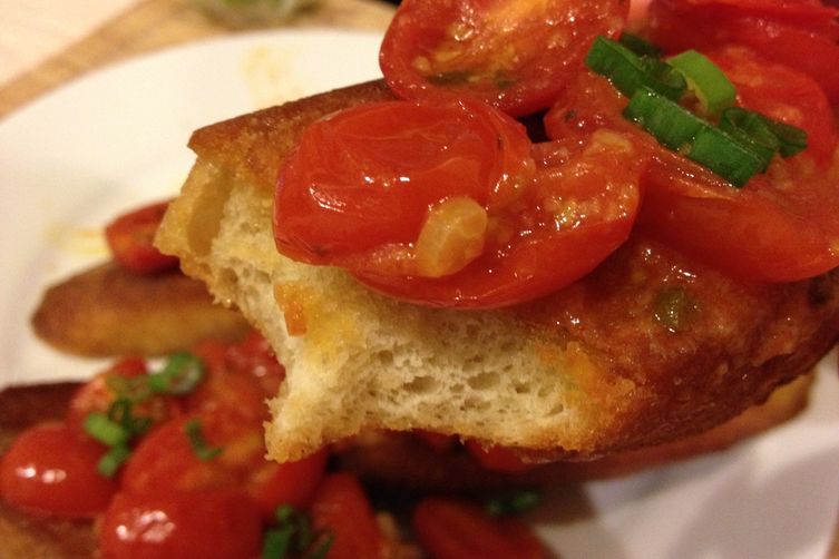 Warm Bruschetta of Tomatoes, Scallions, Olive Oil and Basil on Toasted Baguette