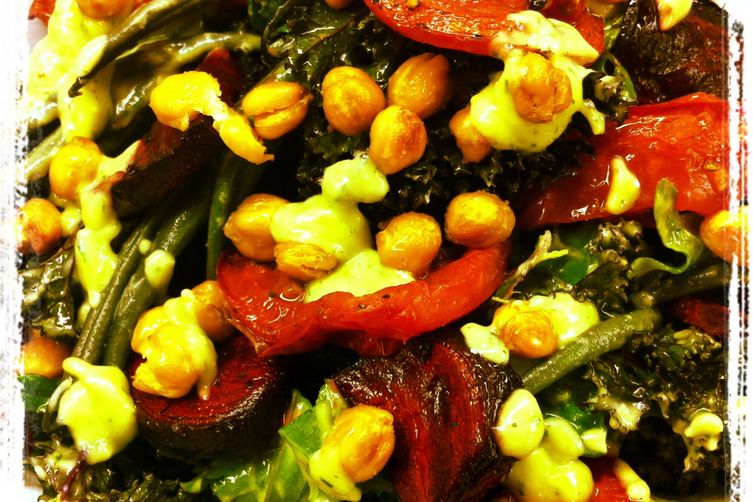 Kale salad with roasted beets, cumin roasted chickpeas, &amp; avocado dill dressing