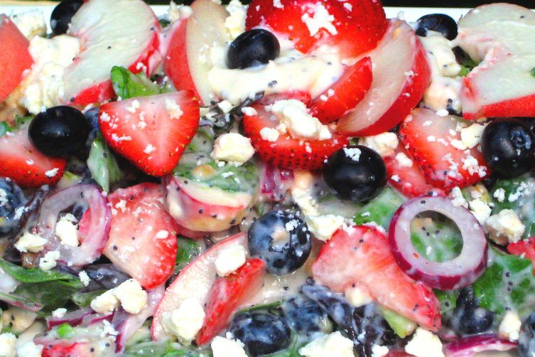 Peaches 'n Berries, Red Onion, Feta  Greens with Creamy Poppy Seed  Dressing