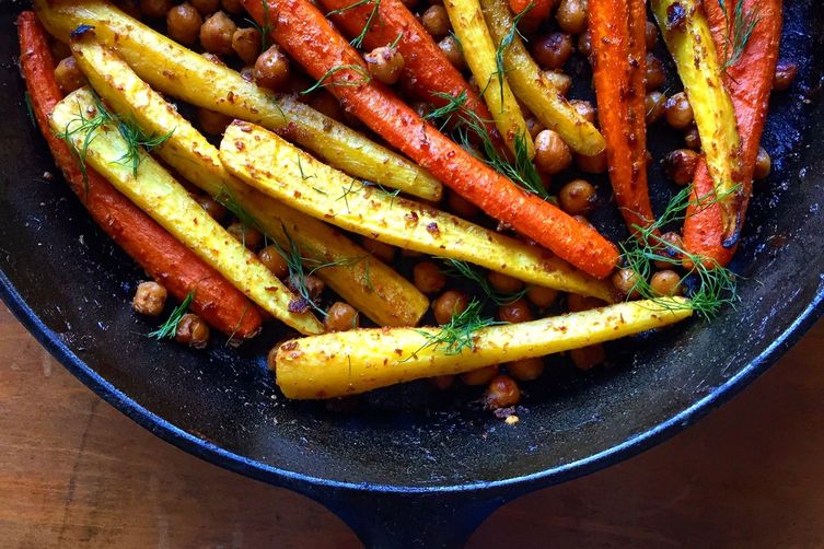 Sticky, Spicy, Sweet Roasted Carrots and Chickpeas with Date Vinaigrette