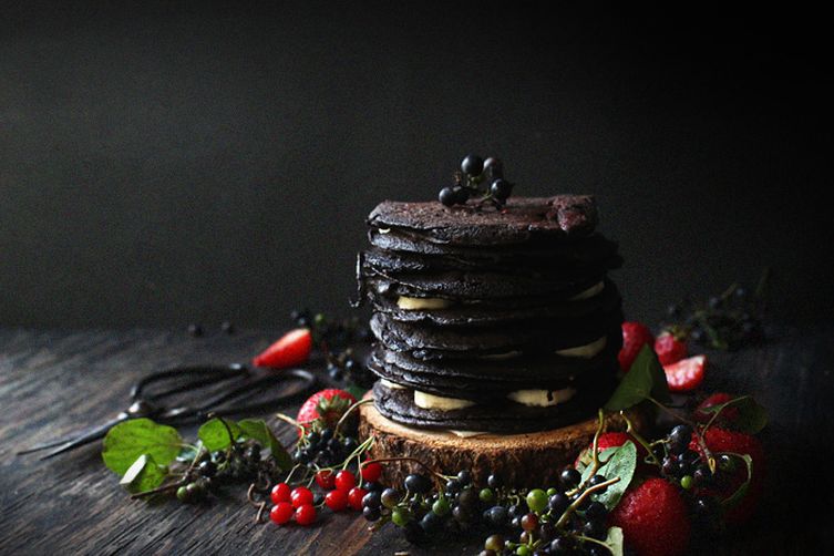 Chocolate Oatmeal Crepe Cake with Wild Grapes, Berries, and Bananas