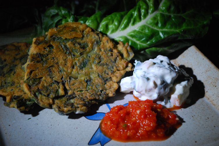 Chard Fritters with Spicy Red Pepper Relish