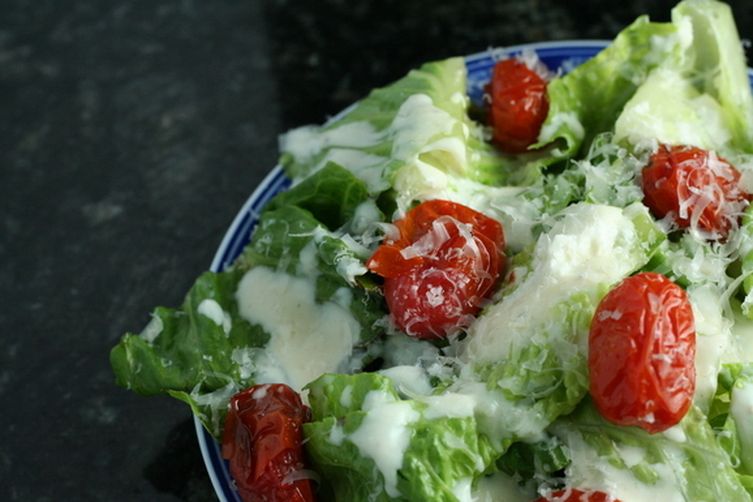 Goat Cheese Caesar Salad with Roasted Tomatoes and Parmesan Crisp