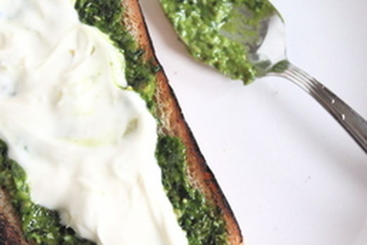 Grilled Bread with Thyme Pesto and Preserved Lemon Cream